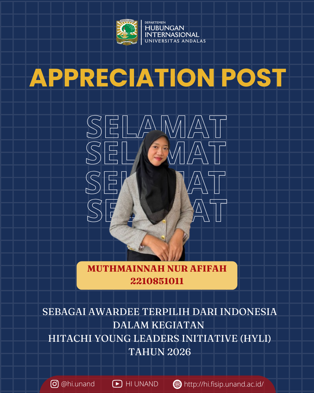 Mahasiswi Departemen Hubungan Internasional FISIP UNAND Terpilih sebagai Awardee Hitachi Young Leaders Initiative (HYLI) 2026