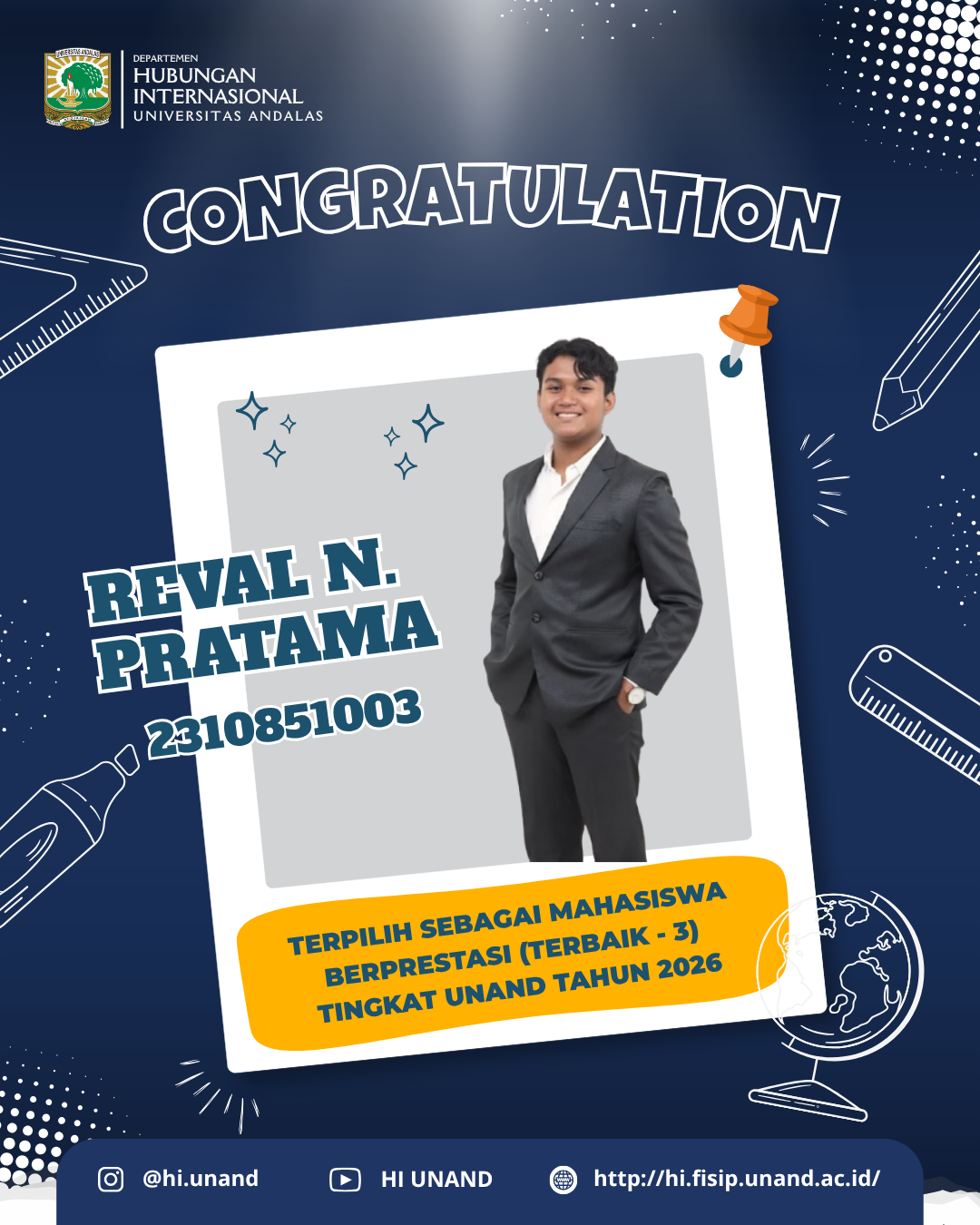 Prestasi Membanggakan! Reval N. Pratama Raih Predikat Mahasiswa Berprestasi Terbaik III Tingkat Universitas Andalas 2026