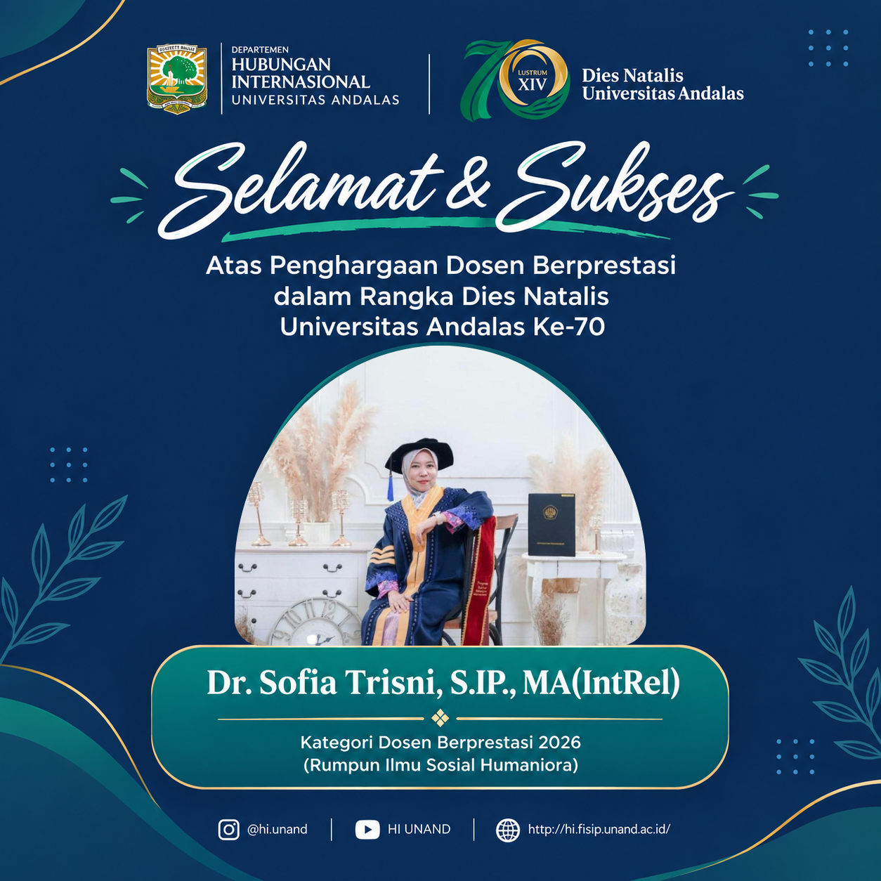 Dr. Sofia Trisni Raih Penghargaan Dosen Berprestasi 2026 Rumpun Ilmu Sosial Humaniora pada Dies Natalis ke-70 Universitas Andalas 🎓✨